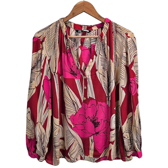 Zara Womens Tropical Floral V-Neck Top Medium Red Relaxed Beachy Coconut Girl - Picture 1 of 12
